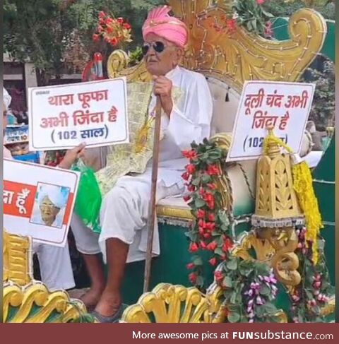 Translation : Your uncle is still alive. Wedding procession taken out by 102yo to get his
