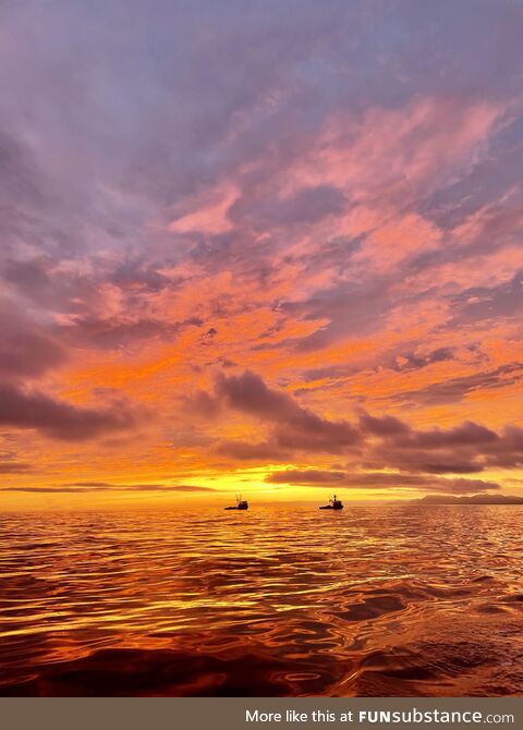 Sunrise on a salmon fishing boat of the cost of southern Kodiak Alaska shot at 5:00am