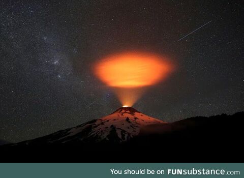 The Villarrica volcano lights up the sky at night in Chile