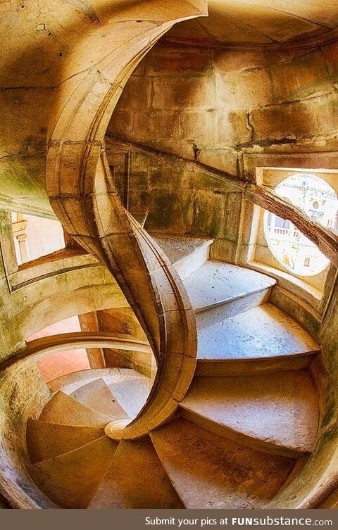 A stone spiral staircase at the Convent of Christ in Tomar, Portugal. 16th century CE