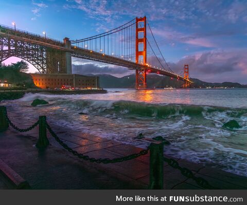 Evening look at the Golden Gate Bridge with a high surf