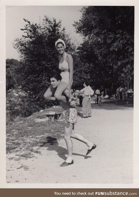 My grandparents going to the beach in 1950