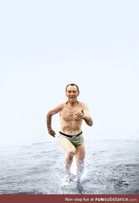 British Actor Peter Cushing, having some fun in the beach, around 1960s (I think)