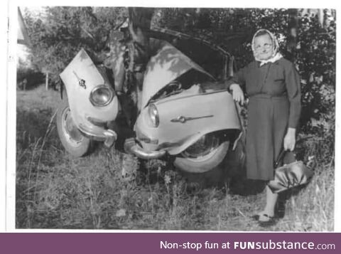 My great-grandmother after wrapping her Skoda around a tree