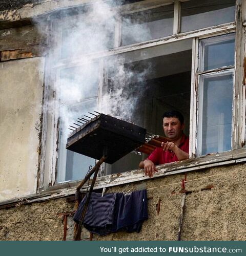 Nothing can stop this man from making BBQ. Artsakh, Armenia