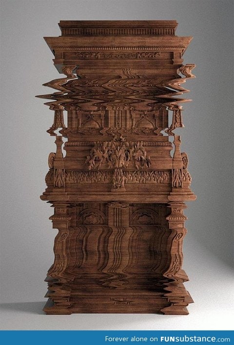 This wooden cabinet was intricately carved to look like a digital glitch