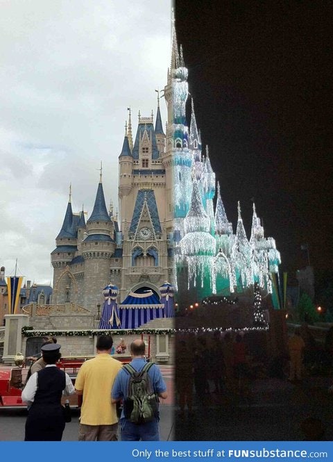 Disney castle at day and night