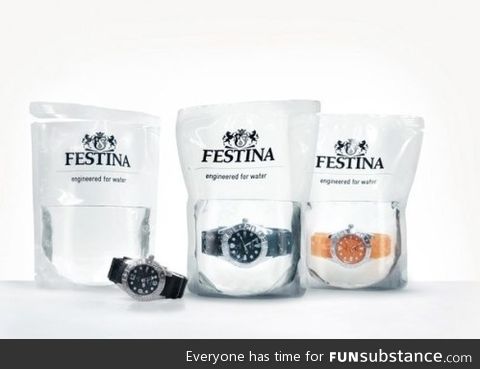 Swiss waterproof watch sold in a bag of water