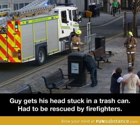 Head stuck in trash can